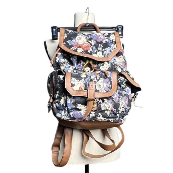 Madden Girl Floral Canvas Backpack with Faux Leather Trim – Boho Vintage Style - Picture 2 of 10
